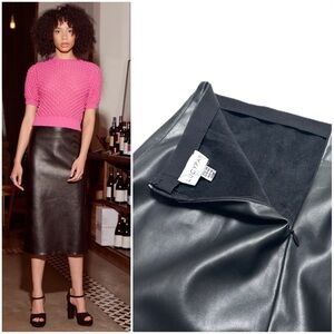 Lucy Paris Ello Black Faux Leather Midi Skirt A-Line Stretch Fit Back Slit